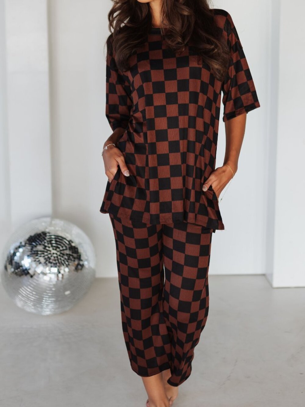 Black & Mocha Checkered Ribbed Lounge Set Size Small